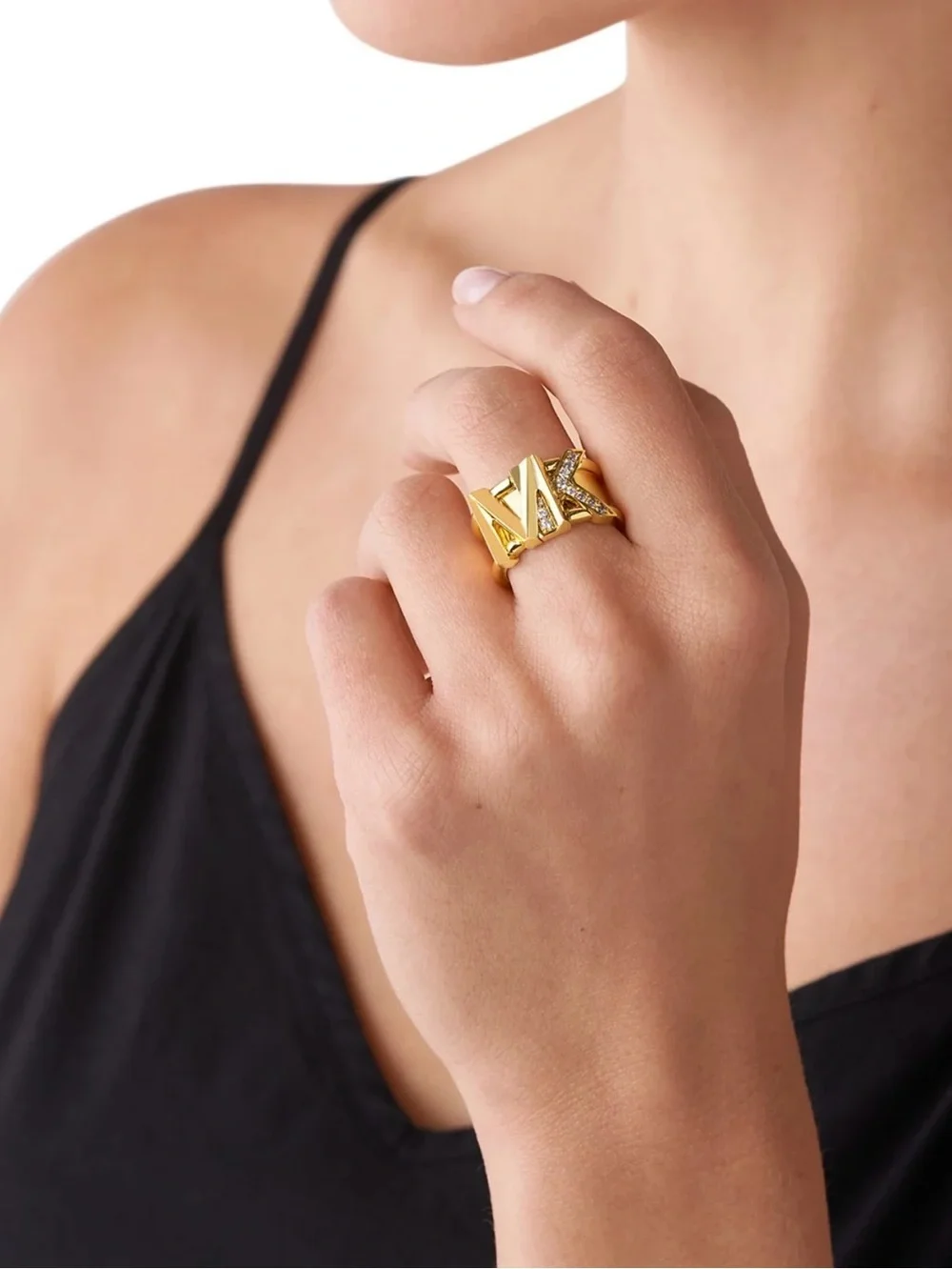 Michael Kors Faceted Mk Band Ring 14K Gold Plated Brass with Clear Stones